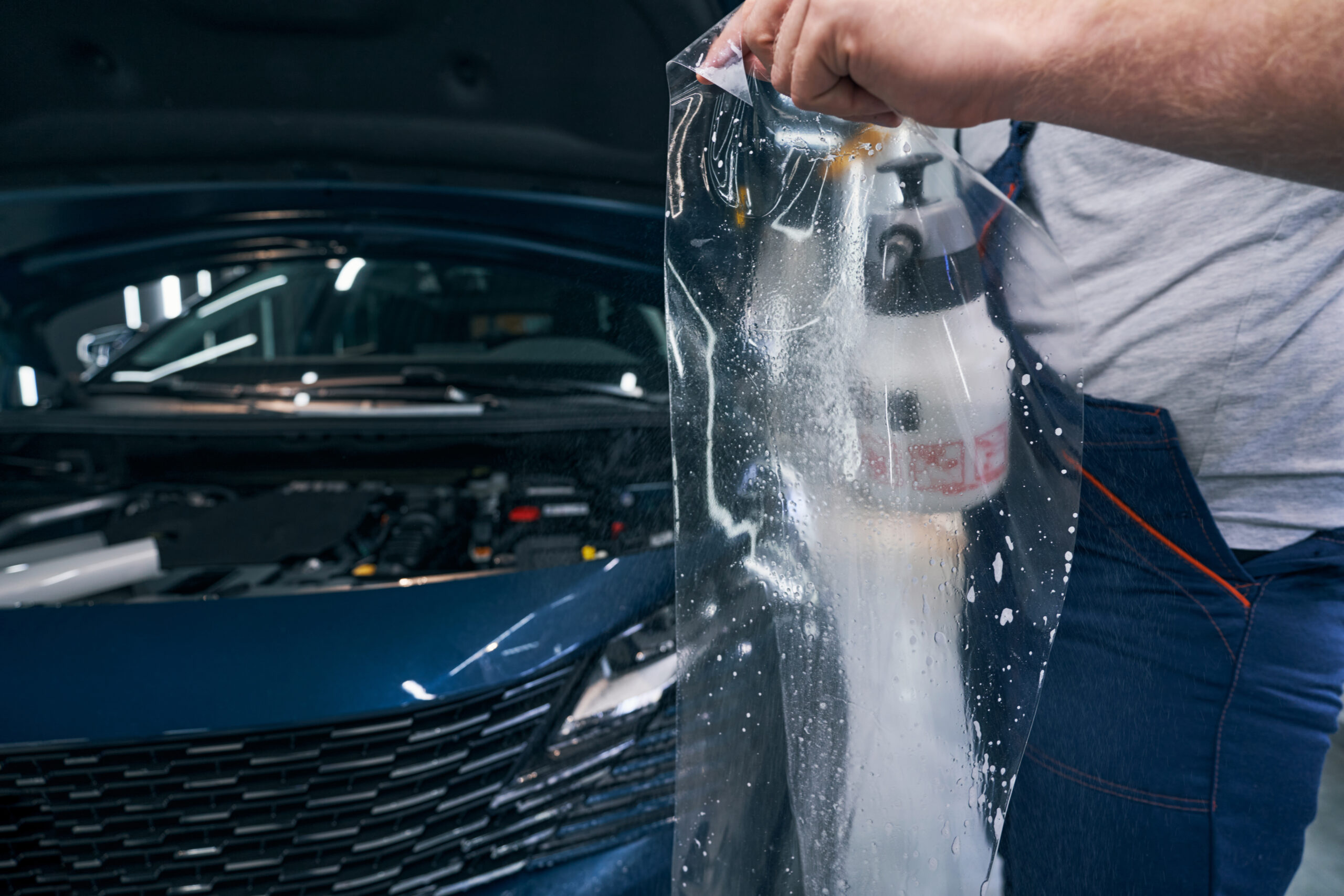 Professional applying protective film with water spray